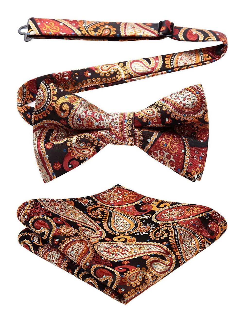 1217 Bow Tie Orange Pre-tied Bowtie Gold Paisley Bow Ties and Pocket Square